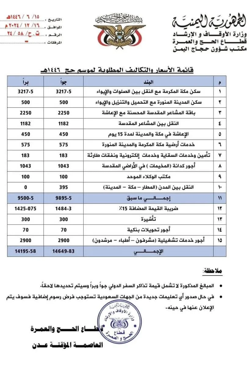 وزارة الأوقاف اليمنية تعلن تكاليف وأسعار الحج لموسم هذا العام   